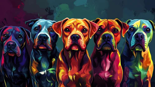 Vibrant multicolor canine lineup in stylized digital portrait.