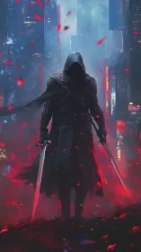 Hooded cyberpunk assassin strides through neon storm of blades.