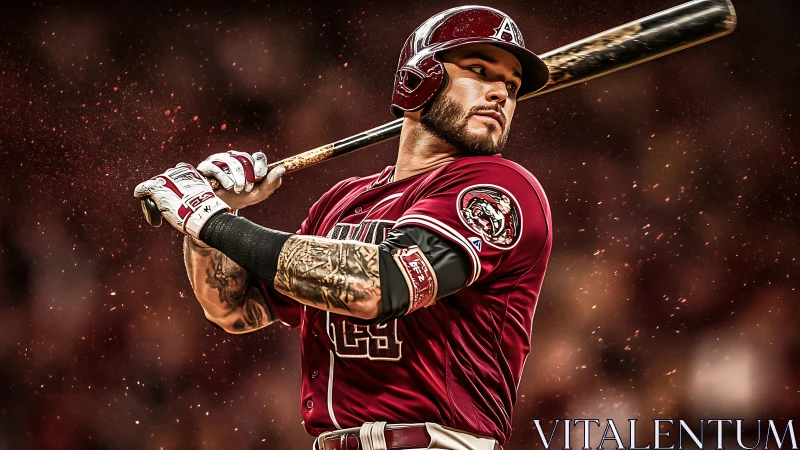 Baseball batter in mid-swing wearing maroon uniform