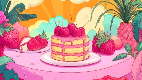 Whimsical Fruit Cake Composition with Layered Pastry and Fresh Berries.