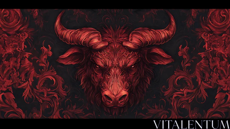 Fiery red bull emerges with swirling ornamental strength