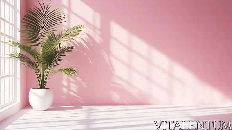 Sunlit palm in minimalist pink interior casts soft shadows.