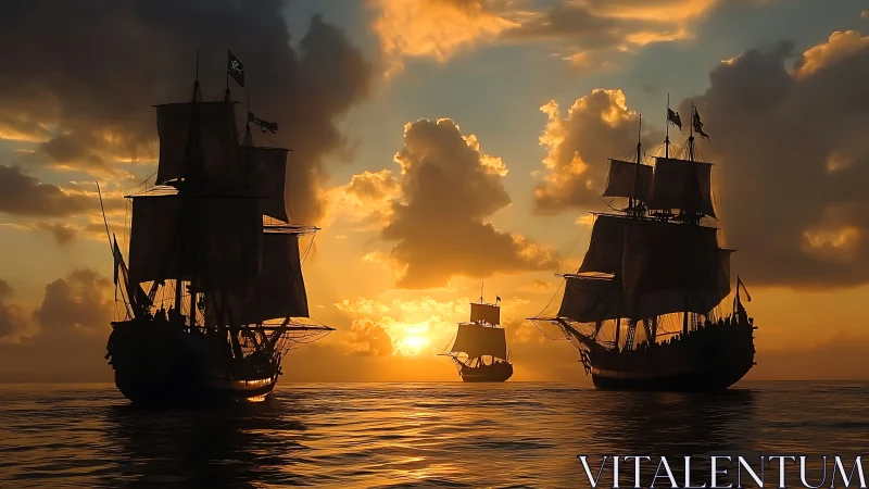 Sunlit pirate galleons drifting toward a molten horizon.