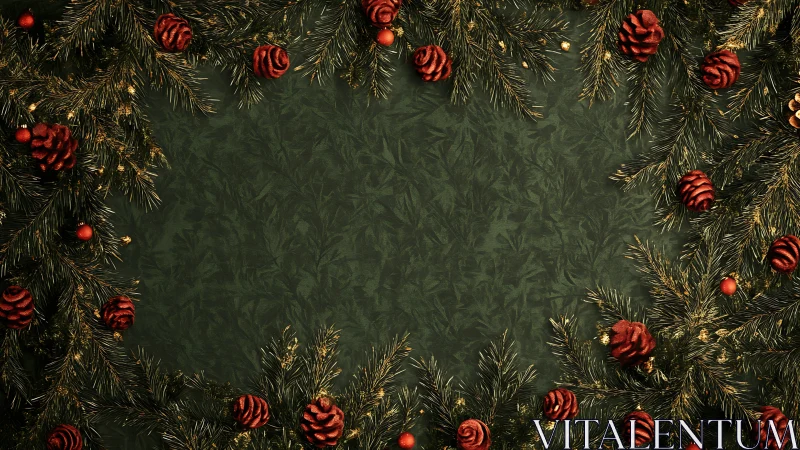 Symmetrical pine border with red cones on textured green backdrop