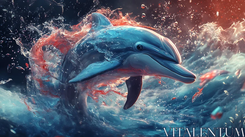 Hyperreal digital dolphin emerging through refracted neon surf