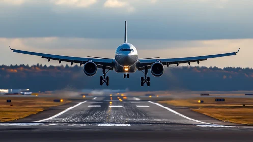 Widebody airliner executes stabilized flare on illuminated runway