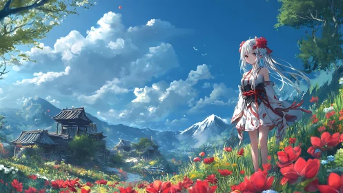 Anime girl in floral kimono stands before mountains and temples