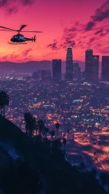 Helicopter crosses neon-lit city skyline at vivid sunset
