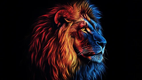 Bicolor neon lion profile glows against deep black void