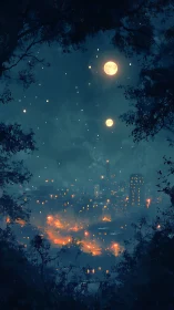 Twin moons illuminate misty city framed by dark forest