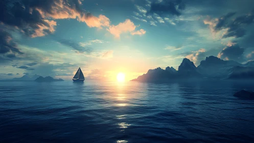 Sailboat crosses reflective ocean at low sun with volumetric clouds