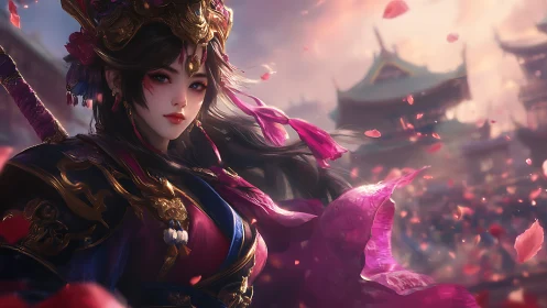 Blossom-bladed empress rides a crimson storm of petals.