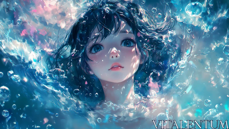 Young person submerged in stylized, luminous underwater scene