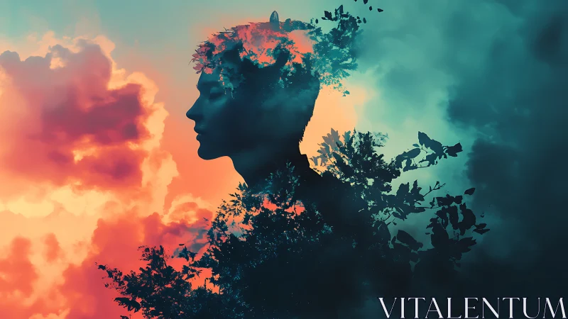 Silhouette merges with surreal sky and abstract foliage.