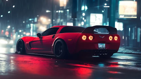 Red sports car waits under neon rain on wet city street