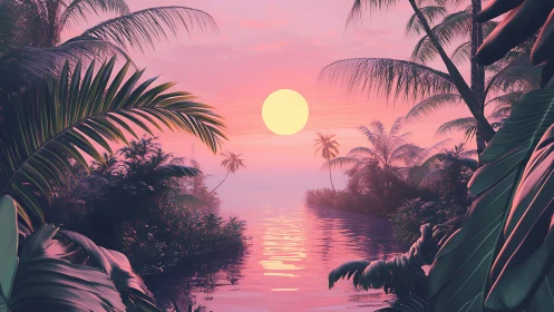 Tropical lagoon sunset with pink sky and palm silhouettes.