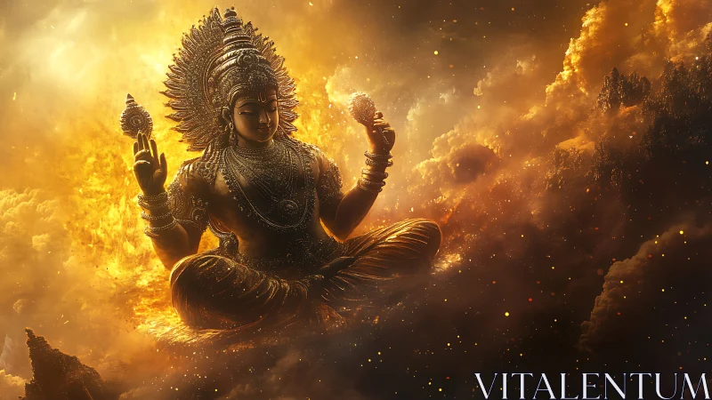 Radiant seated deity rendered in luminous celestial clouds