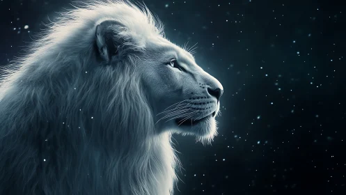 White lion profile is rendered against a star-filled night sky