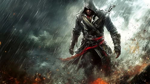 Hooded rogue strides through storm and fire in battle stance.