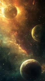 Triple planet alignment within burning nebula field.