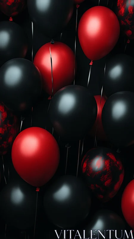 Red and Black Balloons Float in Ethereal Darkness