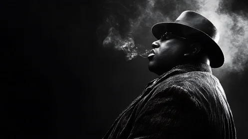 Smoky side-profile portrait in stark monochrome light.