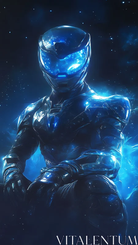 Blue armored sci fi warrior sitting in glowing space suit.
