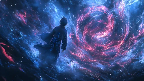 Starlit wanderer gazes into a swirling cosmic gateway of light