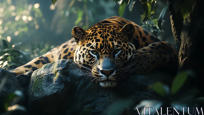 Resting jaguar reclines on mossy rock in misty rainforest