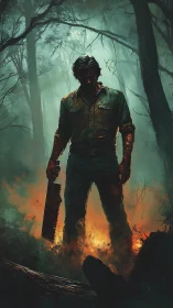 Chainsaw sentinel stalks through ember-lit haunted forest