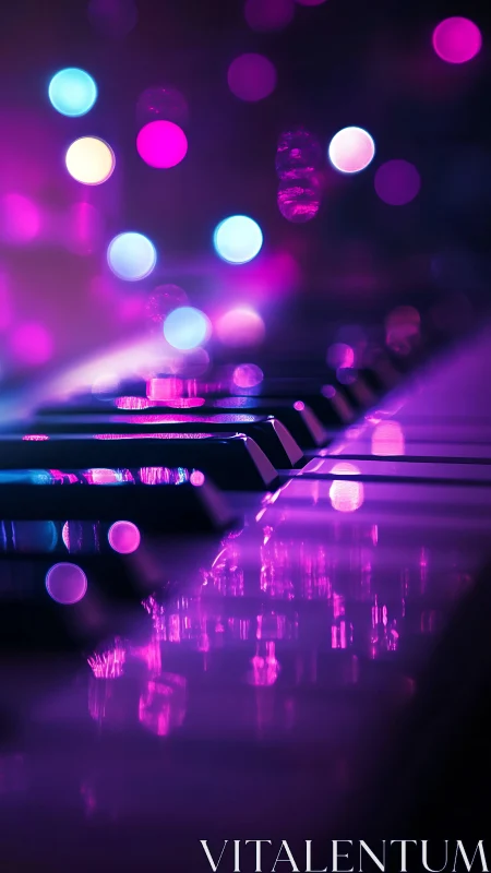 Piano keys captured with neon bokeh lights in shallow focus