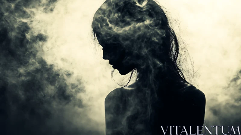 Silhouetted female profile dissolves into enveloping monochrome smoke