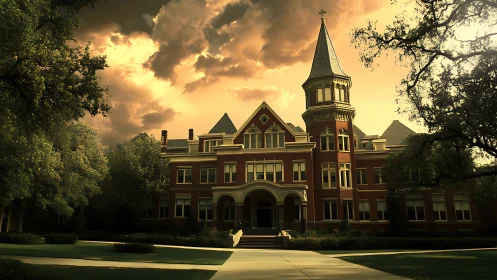 Gothic revival campus hall under dramatic golden sky.