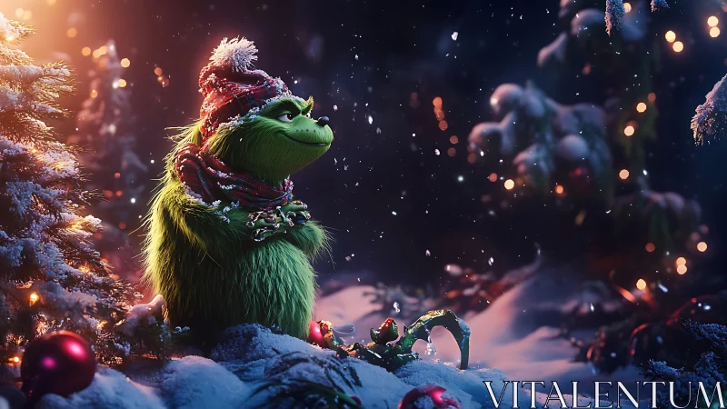Green furry creature in stylized 3D snowy Christmas forest scene