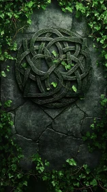 Weathered Celtic knot relief on ivy covered stone wall