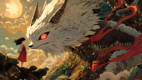 Girl confronts horned spirit beast amid burning sunset sky.