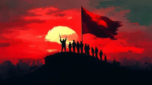 Backlit silhouettes with red flag dominate textured sunset sky