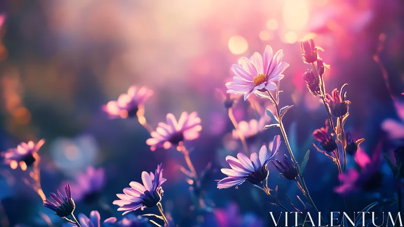 Backlit wildflower daisies in luminous bokeh field study.