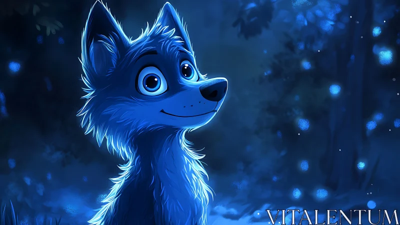 Blue-lit cartoon wolf pup in calm glowing forest night.