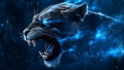 Feline head in luminescent blue environment with energy effects