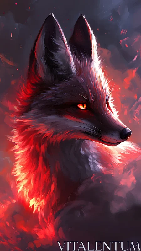 Luminous ember fox portrait in swirling crimson smoke.