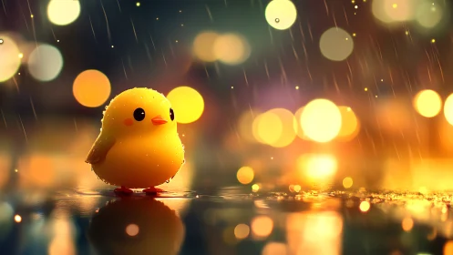 Golden Chick in Rain: Glowing Bokeh Lights.