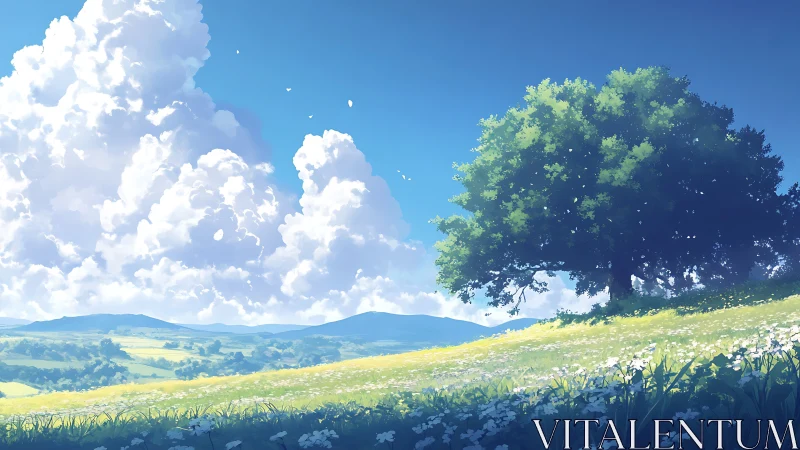 Sunlit hillside tree under towering cumulus cloudscape.