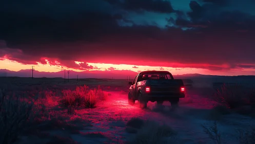 Pickup truck crosses neon-lit desert track under stormfront sky