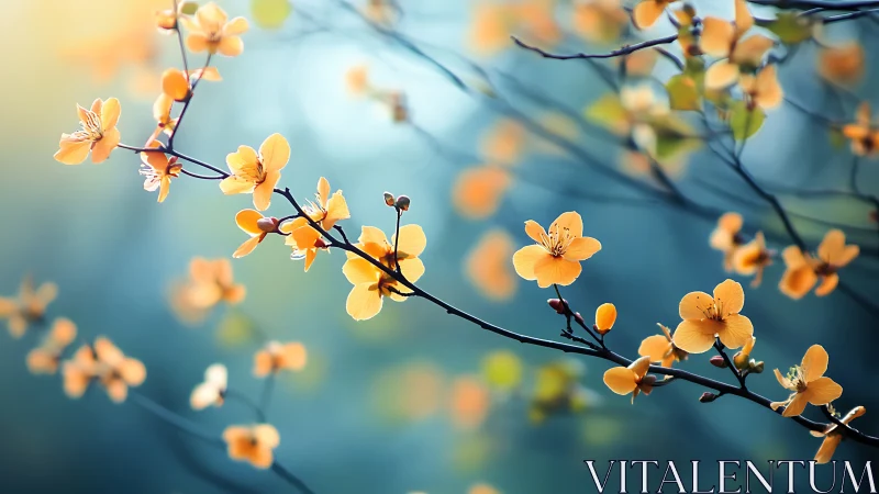 Yellow Blossoms on Dark Branches Against Soft Blue Background.