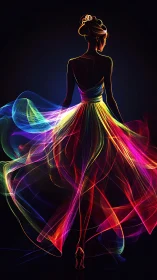 Radiant dancer wrapped in glowing rainbow silk light.