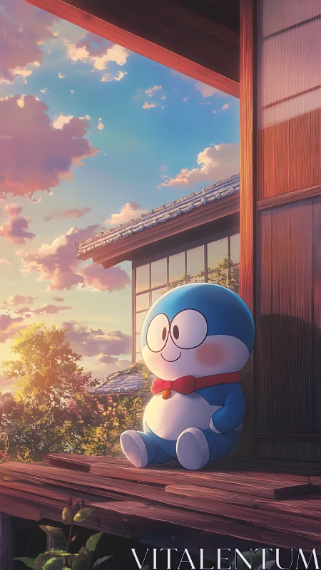 Blue cartoon robot on engawa in warm sunset anime lighting