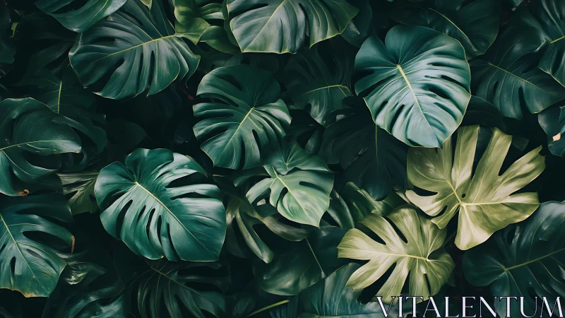 Monstera foliage array shows layered leaf structure and tonal depth