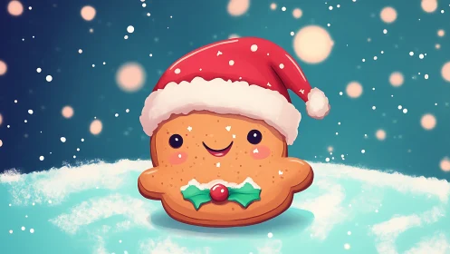 Cute gingerbread cookie wearing Santa hat in snow.