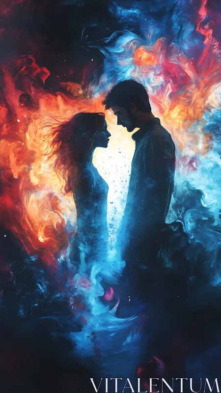 Silhouetted figures face each other within luminous energy vortex